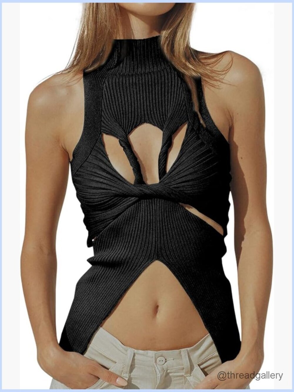 Sleeveless Mock Neck Crop Top Knitted Twist Front Hollow Out Y2K Tank
